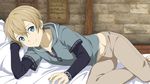  barefoot bed_sheet blue_eyes blue_shirt bow brown_hair collarbone eugeo from_side grey_pants groin hair_bow hand_in_hair indoors looking_at_viewer lying male_focus official_art on_side pants pillow shirt smile solo sword_art_online 