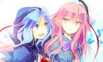  :d blue_eyes blue_hair blue_shirt bow expressionless hata_no_kokoro hood jewelry kumoi_ichirin kutsuki_kai long_hair long_sleeves mask mask_on_head multiple_girls open_mouth pendant pink_eyes pink_hair purple_bow shirt short_hair smile touhou very_long_hair 