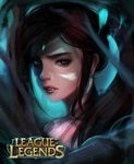  bare_shoulders brown_hair chromatic_aberration copyright_name ear_piercing eyebrows eyelashes eyeshadow facial_mark fang fang_out from_behind green_eyes jewelry kyung_han_kim league_of_legends lips long_hair looking_at_viewer looking_back makeup nidalee nose piercing ponytail portrait revision ringed_eyes solo tribal 