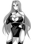  bare_shoulders black_dress black_legwear blush breasts cleavage cleavage_cutout closed_mouth collarbone commentary_request cowboy_shot detached_sleeves dress facial_mark fate/stay_night fate_(series) forehead_mark greyscale koujun_(mugenzero) large_breasts long_hair looking_at_viewer mechanical_pencil monochrome nib_pen_(medium) no_blindfold nose_blush pencil rider solo strapless strapless_dress thighhighs traditional_media tube_dress very_long_hair 