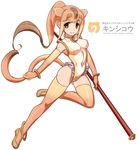  aegis_(nerocc) animal_ears anklet bracelet brown_eyes character_name circlet elbow_gloves gloves golden_snub-nosed_monkey_(kemono_friends) high_ponytail highleg highleg_leotard highres holding holding_staff japari_symbol jewelry kemono_friends leotard long_hair looking_at_viewer monkey_ears monkey_tail multicolored_hair orange_hair ponytail simple_background skirt smile solo staff tail thighhighs white_background white_leotard yellow_leotard 