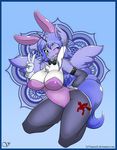  2017 anthro armwear blush breasts bunny_costume cleavage clothed clothing costume elbow_gloves equine fan_character female fishnet fishnet_legwear gloves green_eyes horn kneeling legwear mammal mariah_wolves my_little_pony one_eye_closed solo v_sign winged_unicorn wings wink zzvinniezz 