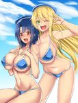  atago_(kantai_collection) bikini black_hair blonde_hair breasts green_eyes highres kantai_collection large_breasts leaning_forward long_hair looking_at_viewer multiple_girls one_eye_closed red_eyes short_hair sitting standing swimsuit takao_(kantai_collection) takecha v_over_eye 