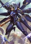  adapted_costume black_hair dark_skin eye_of_horus facial_mark facial_tattoo fin_funnels fusion gundam gundam_seed gundam_seed_destiny long_hair no_headwear no_helmet overwatch phamoz pharah_(overwatch) power_armor rocket rocket_launcher solo strike_freedom_gundam tattoo weapon wings 