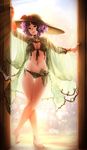  barbariank bare_legs barefoot bikini bow breasts breasts_apart cape commentary crossed_legs curly_hair diadem flower front-tie_bikini front-tie_top full_body granblue_fantasy green_bikini hat hat_flower highres lennah light_rays looking_at_viewer medium_breasts navel purple_hair see-through short_hair silver_eyes smile solo straw_hat sun_hat sunbeam sunlight swimsuit thigh_gap 