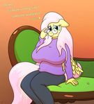  aged_up anthro big_breasts blue_eyes blush breasts clothed clothing eyewear female fluttershy_(mlp) friendship_is_magic glasses gunpowdergreentea hair huge_breasts long_hair looking_at_viewer my_little_pony pink_hair smile sofa sweater wings 