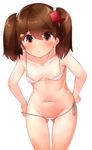  absurdres ass_visible_through_thighs bad_id bad_nicoseiga_id bikini blush boruhis breasts brown_eyes brown_hair covered_nipples hands_on_hips highres kantai_collection leaning_forward looking_at_viewer micro_bikini navel pussy_peek ryuujou_(kantai_collection) side-tie_bikini simple_background small_breasts solo swimsuit twintails white_background white_bikini 