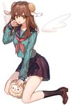  bad_id bad_pixiv_id bangs black_legwear black_skirt blouse blush brown_eyes brown_footwear brown_hair chocoan commentary_request eyebrows_visible_through_hair full_body green_blouse hair_between_eyes hair_flaps hand_up horns kneehighs kneeling legs_apart loafers long_hair long_legs long_sleeves looking_at_viewer neckerchief open_mouth original pleated_skirt red_neckwear school_uniform serafuku sheep sheep_horns shoes simple_background skirt smile solo white_background white_wings wings 