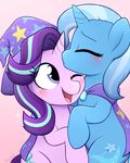  2017 blush cape clothing cutie_mark duo equine female feral friendship_is_magic hair hat horn hug kissing mammal moozua multicolored_hair my_little_pony pink_background simple_background smile starlight_glimmer_(mlp) trixie_(mlp) two_tone_hair unicorn wizard_hat 