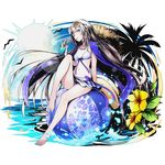  absurdly_long_hair arm_support bikini bikini_skirt blonde_hair blue_eyes blue_nails breasts cleavage crowley_(divine_gate) divine_gate drinking eyewear_on_head floating_hair flower full_body groin hibiscus jewelry long_hair nail_polish necklace official_art palm_tree purple_ribbon ribbon shadow sitting small_breasts solo sunglasses swimsuit toenail_polish transparent_background tree ucmm very_long_hair white_bikini yellow_flower 