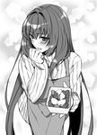  absurdres apron blush embarrassed eyebrows_visible_through_hair fate/grand_order fate_(series) greyscale hand_on_own_chin highres long_hair looking_at_viewer monochrome naked_sweater nikujaga_(food) nina_(pastime) open_mouth scathach_(fate)_(all) scathach_(fate/grand_order) solo sweater turtleneck turtleneck_sweater 