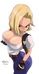  2017 alternate_breast_size android_18 artist_name ass bangle bead_necklace beads belt blonde_hair blue_eyes bracelet breasts cleavage dated denim dragon_ball dragon_ball_z earrings from_above gloves grabbing_own_breast hoop_earrings jeans jewelry kozu_kue large_breasts necklace pants shirt short_hair short_sleeves simple_background skin_tight solo vest white_background white_shirt 