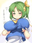  asutora blush breast_conscious breasts daiyousei fairy_wings green_eyes green_hair hair_ribbon half-closed_eyes huge_breasts puffy_short_sleeves puffy_sleeves ribbon self_fondle short_sleeves side_ponytail solo touhou translated upper_body wings yellow_ribbon 