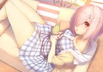  breasts commentary_request couch cup dress fate/grand_order fate_(series) hair_over_one_eye highres looking_at_viewer mash_kyrielight medium_breasts mug open_mouth plaid plaid_dress purple_eyes purple_hair short_hair solo tatapopo 