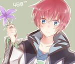  1boy asbel_lhant blue_eyes blush coat flower frills grey_background red_hair short_hair tales_of_(series) tales_of_graces 