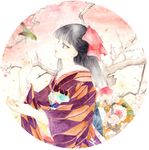  bird branch flower hair_ribbon highres japanese_clothes kimono kimonohime original plum plum_blossoms profile ribbon traditional_media watercolor_(medium) 