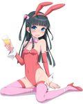  animal_ears bangs black_hair blue_eyes blunt_bangs blush breasts bunny_ears bunny_girl bunnysuit cup detached_sleeves drinking_glass eyebrows_visible_through_hair fake_animal_ears full_body hair_ribbon high_heels highleg holding holding_cup kimagure_blue leotard long_hair looking_at_viewer open_mouth original pink_legwear pink_ribbon red_footwear red_leotard revision ribbon shadow shoes simple_background sitting small_breasts smile solo thighhighs thighs two_side_up wavy_mouth white_background wine_glass wrist_cuffs yokozuwari 