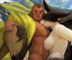  2017 anthro black_fur breasts brown_hair brown_scales cute dinosaur eyes_closed feathers fur group hair hattonslayden hi_res human human_on_anthro interspecies lagomorph long_hair mammal nipples nude outside rabbit raptor scales side_boob smile theropod white_fur white_nipples yellow_feathers 