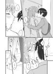  1girl after_kiss asazuki_norito blush closed_eyes comic embarrassed eyebrows_visible_through_hair greyscale hair_between_eyes hetero kiss long_hair long_sleeves monochrome original otoko_no_ko reverse_trap saliva side_ponytail speech_bubble standing sweatdrop tongue translated trembling wall_slam 