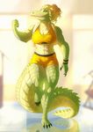  2017 abs anthro biceps bra breasts clothed clothing crocodilian female flexing green_eyes green_scales hornedfreak invalid_tag muscular muscular_female navel reptile scales scalie shorts skimpy smile solo sports_bra sweat teeth towel underwear 