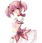  absurdres bad_id bad_pixiv_id bow breasts brown_bow collarbone cowboy_shot eyebrows_visible_through_hair from_side gloves hair_bow hands_together highres kaname_madoka long_hair looking_at_viewer magical_girl mahou_shoujo_madoka_magica misteor pink_eyes pink_hair short_sleeves simple_background skirt small_breasts solo white_background white_gloves white_skirt 