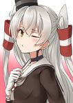  ;o amatsukaze_(kantai_collection) brown_eyes choker commentary_request gloves gradient gradient_background highres kamelie kantai_collection long_hair looking_at_viewer one_eye_closed pink_background silver_hair solo two_side_up upper_body white_background white_gloves 
