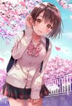  bangs blouse blurry blush breasts brown_eyes brown_hair cherry_blossoms cowboy_shot day depth_of_field fence fukahire_(ruinon) hair_between_eyes hair_flip leaning_forward long_sleeves looking_at_viewer medium_breasts multicolored multicolored_clothes multicolored_skirt neck_ribbon open_mouth original outdoors petals plaid plaid_skirt pleated_skirt ribbon school_uniform short_hair skirt sky sleeves_past_wrists solo sweater white_blouse 