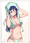  ;) alp aqua_panties aqua_towel arms_up bangs black_border blue_hair blush border breasts cleavage closed_mouth collarbone drying drying_hair eyebrows_visible_through_hair groin large_breasts long_hair love_live! love_live!_sunshine!! matsuura_kanan navel one_eye_closed panties parted_bangs purple_eyes shiny shiny_hair shiny_skin simple_background smile solo stomach straight_hair topless towel underwear water_drop wet wet_hair white_background 