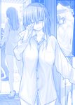  1girl bangs blue commentary dress_shirt flying_sweatdrops getsuyoubi_no_tawawa hair_over_eyes half-closed_eye himura_kiseki indoors long_hair long_sleeves lying maegami-chan_(tawawa) monochrome naked_shirt one_eye_closed open_cuffs open_door oversized_clothes rubbing_eyes shading_eyes shirt sleepy sleeves_past_wrists slippers smile spoken_blush sunlight waking_up waving 