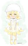  1girl 3: blonde_hair blush commentary dandelion dress flower fluffy full_body hat looking_at_viewer medium_hair original panzuban personification pom_pom_(clothes) simple_background sketch solo twitter_username yellow_eyes 