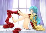  armor ass barefoot blue_eyes blue_hair blush boots boots_removed cape dressing eirika fire_emblem fire_emblem:_seima_no_kouseki full_body gloves high_heels highres long_hair no_gloves plantar_flexion putting_on_boots putting_on_shoes red_footwear red_legwear skirt solo taiyaki_a thigh_boots thighhighs toes 