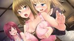  3girls apron blonde_hair blue_eyes breast_grab breasts brown_eyes brown_hair eyebrows_visible_through_hair grope hannah_(negligee) jasmin_(negligee) large_breasts long_hair necklace negligee_(game) open_mouth red_eyes red_hair ribbon short_hair smile sophie_(negligee) surprise tagme 
