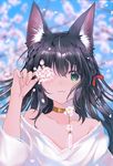  :3 animal_ear_fluff animal_ears bangs bare_shoulders black_hair bow cat_ears cat_girl cherry_blossoms choker closed_mouth collarbone eyebrows_visible_through_hair flat_chest flower green_eyes hair_bow highres holding holding_flower long_hair long_sleeves looking_at_viewer off-shoulder_shirt off_shoulder one_eye_covered original petals red_bow shirt side_braids smile solo tassel upper_body usagihime white_shirt 
