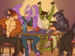  anthro avian caprine clothed clothing dragon goat group gryphon horn male mammal muscular scalie smile topless wings zummeng 