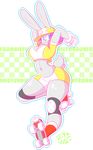  anthro big_breasts blue_eyes breasts clothing cute frannie_funbun hair hat lagomorph looking_at_viewer mammal navel pink_hair rabbit rollerskates smile solo theycallhimcake 