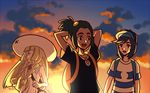  1girl 2boys backpack black_hair black_shirt blonde_hair clouds green_hair hat hau_(pokemon) lillie_(pokemon) long_hair male_protagonist_(pokemon_sm) pokemon pokemon_(game) pokemon_sm ponytail smile striped_shirt sunset tagme talking 