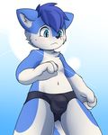  4_fingers anthro blue_eyes blue_fur blush briefs bulge canine clothing cub fur mammal navel penis_outline sagemerric solo standing underwear white_fur winterwolfy wolf young 