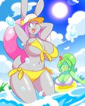  anthro beach big_breasts bikini blue_eyes breasts buckteeth clothing cute duo female flora_fauna frannie_funbun fur green_body grey_fur hair hat lagomorph mammal navel pink_hair plant rabbit seaside summer swimsuit teeth theycallhimcake wide_hips 