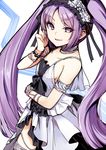  armlet bare_shoulders bonnet commentary_request dress euryale eyebrows_visible_through_hair fate/hollow_ataraxia fate_(series) hairband headdress highres ichifuji_nitaka_(phase_nine) jewelry lolita_hairband long_hair looking_at_viewer open_mouth purple_eyes purple_hair smile solo thighlet twintails two-tone_background very_long_hair white_dress 