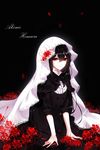  absurdres akemi_homura black_background black_dress black_hair blood bloody_tears character_name closed_mouth commentary commentary_request dress flower funeral_dress hairband highres homulilly lips long_hair looking_at_viewer mahou_shoujo_madoka_magica mahou_shoujo_madoka_magica_movie partial_commentary red_eyes ribbon sheya shiny shiny_hair sitting solo spider_lily spoilers veil witch_(madoka_magica) 