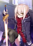  ahoge artoria_pendragon_(all) blonde_hair braid fate/grand_order fate_(series) glasses glowing glowing_sword glowing_weapon jacket mysterious_heroine_x_(alter) scarf shirako_miso skirt solo sword thighhighs weapon yellow_eyes 