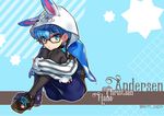  animal_hood black_legwear blue_eyes blue_hair bow bowtie bunny_hood character_name fate/extra fate/extra_ccc fate/grand_order fate_(series) full_body glasses hans_christian_andersen_(fate) hood kiritachi male_focus pantyhose solo twitter_username 