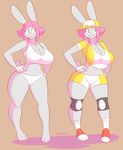  big_breasts blue_eyes breasts buckteeth clothing female footwear frannie_funbun fur gloves grey_fur hair hand_on_hip hat lagomorph long_ears mammal navel panties pink_hair rabbit shirt shoes solo teeth theycallhimcake underwear wide_hips 