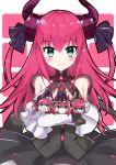  4410_(kanimiso) 4girls :&gt; :d absurdres bangs black_dress blue_eyes blush chibi closed_mouth commentary_request cowboy_shot curled_horns detached_sleeves dragon_girl dragon_horns dragon_tail dress drill elizabeth_bathory_(brave)_(fate) elizabeth_bathory_(fate) elizabeth_bathory_(fate)_(all) eyebrows_visible_through_hair fang fate/grand_order fate_(series) grey_skin hat highres holding holding_sword holding_weapon horns long_hair long_sleeves looking_at_viewer mecha_eli-chan minigirl multicolored multicolored_eyes multiple_girls multiple_persona open_mouth pink_background pink_eyes pink_hair purple_hat smile sword tail tiara two-tone_background two_side_up very_long_hair weapon witch_hat wrist_cuffs 