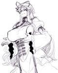  breasts commentary_request covered_nipples curvy dress hat highres juliet_sleeves large_breasts long_hair long_sleeves mob_cap monochrome puffy_long_sleeves puffy_sleeves ribbon smile solo space_jin tabard touhou wide_sleeves yakumo_yukari 