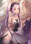  1girl arm_up armlet armor asterios_(fate/grand_order) bare_shoulders bonnet commentary_request cross_scar dress euryale fate/grand_order fate/hollow_ataraxia fate_(series) hairband head_out_of_frame headdress jewelry kesaharus lolita_hairband long_hair looking_at_viewer open_mouth parted_lips purple_eyes purple_hair scar shirtless solo_focus thighlet thighs twintails white_dress white_hair 