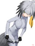  bird bird_tail bird_wings black_hair bodystocking breasts cowboy_shot dressing eyebrows_visible_through_hair feathered_wings gradient_hair green_eyes head_wings impossible_clothes kemono_friends large_breasts leaning_forward long_hair looking_down low_ponytail multicolored_hair orange_hair shoebill_(kemono_friends) side_ponytail silver_hair simple_background solo twintails wings yang-do 