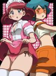  announcer_(pokemon) awa blue_eyes blue_hair blush bra breasts cleavage looking_at_viewer maid_headdress midriff multiple_girls noa_(pokemon) open_mouth panties pokemon pokemon_(game) pokemon_sm puffy_shorts purple_eyes red_hair red_panties shorts side-tie_panties skirt skirt_lift sunglasses thighhighs underwear undressing white_legwear 