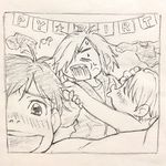  anger_vein blush clothes_removed drunk eyewear_removed glasses graphite_(medium) hair_over_one_eye highres hood hoodie itou_noriko katsuki_yuuri male_focus monochrome multiple_boys official_art open_mouth sharp_teeth sketch smile teeth traditional_media viktor_nikiforov yuri!!!_on_ice yuri_plisetsky 