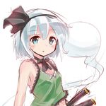  :o adapted_costume armpits bare_arms blue_eyes blush bob_cut breasts camisole casual commentary_request contemporary highres konpaku_youmu konpaku_youmu_(ghost) looking_at_viewer midriff neck_ribbon ribbon ryogo short_hair sketch small_breasts solo sword touhou weapon white_hair 